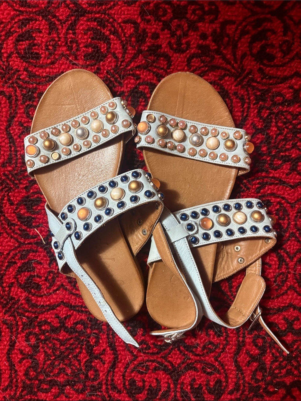 Free People Light Blue Leather Beaded Pearl Stud Sandals